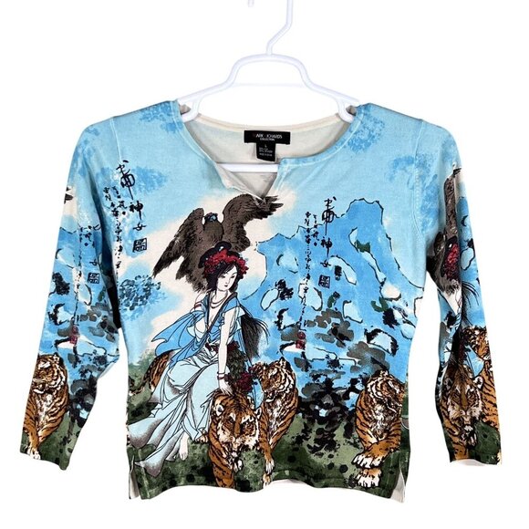 Mark Richards Collection Womens L Silk Blend Asian Tiger Allover Print Top Artsy - Picture 6 of 13